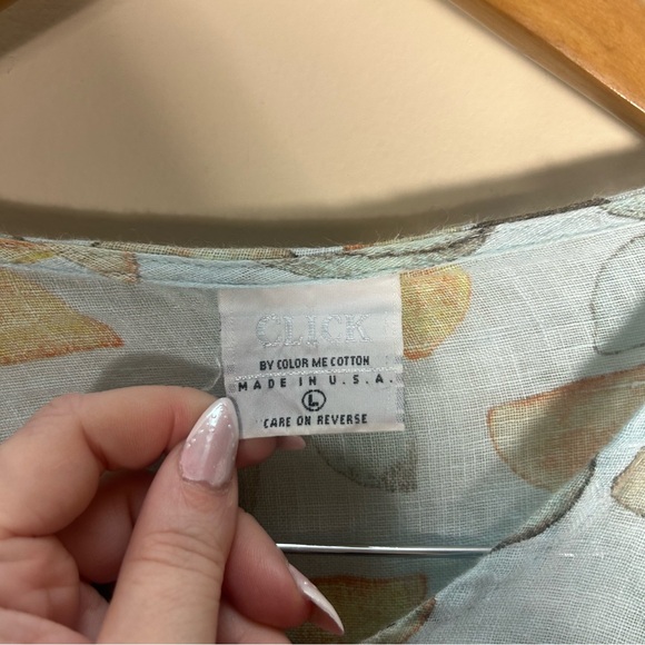 Click Color Me Cotton Linen Peplum Button Front Abstract Sage Green Blouse Large - Picture 5 of 9